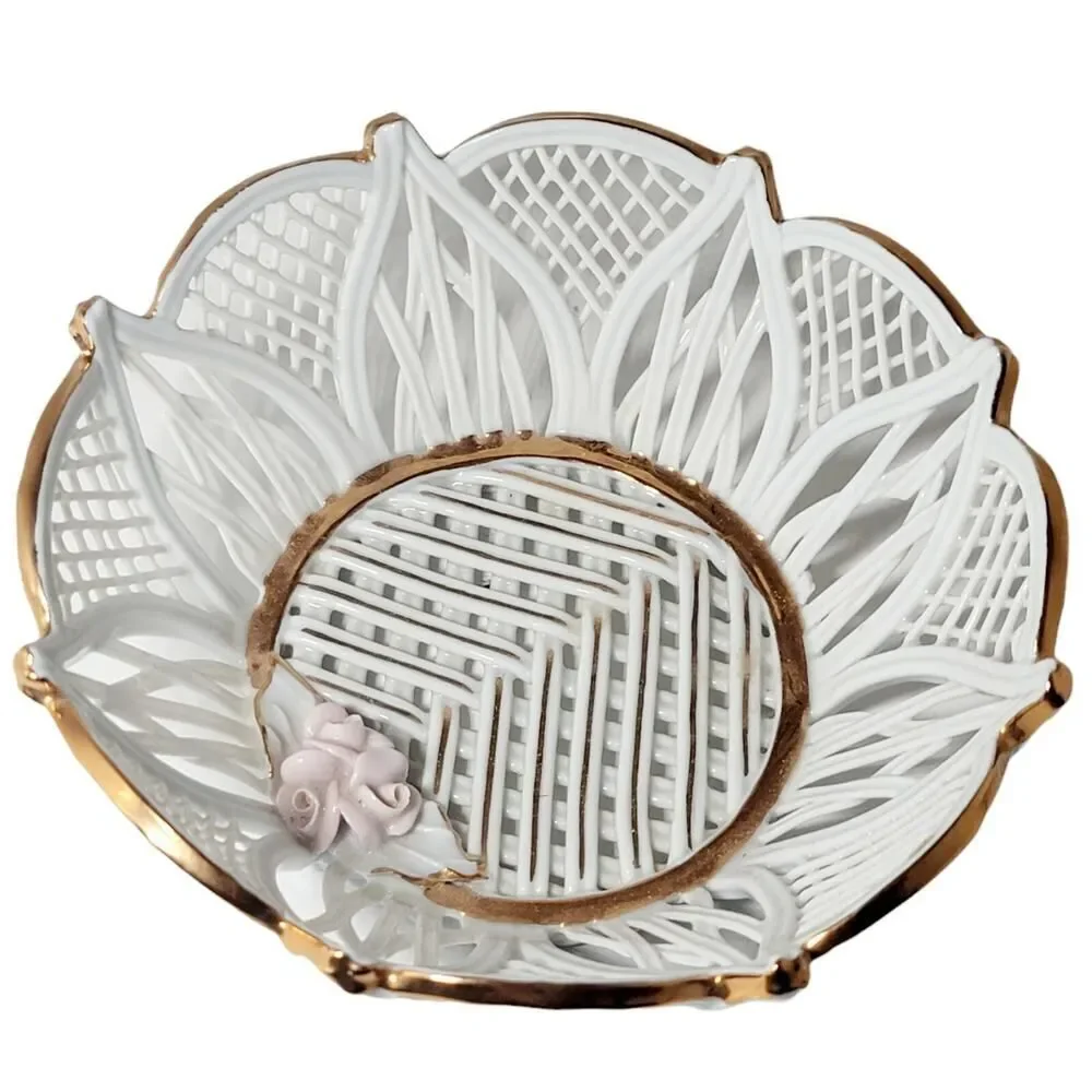 Vintage Porcelain Wicker Style Trinket Basket Floral With‎ Gold Accent 2